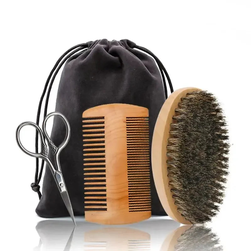 Boar Bristle Wood Beard Brush Kits With Gift Bag Professional Soft Hairdresser Shaving Brush Comb Set Men Mustache Combs