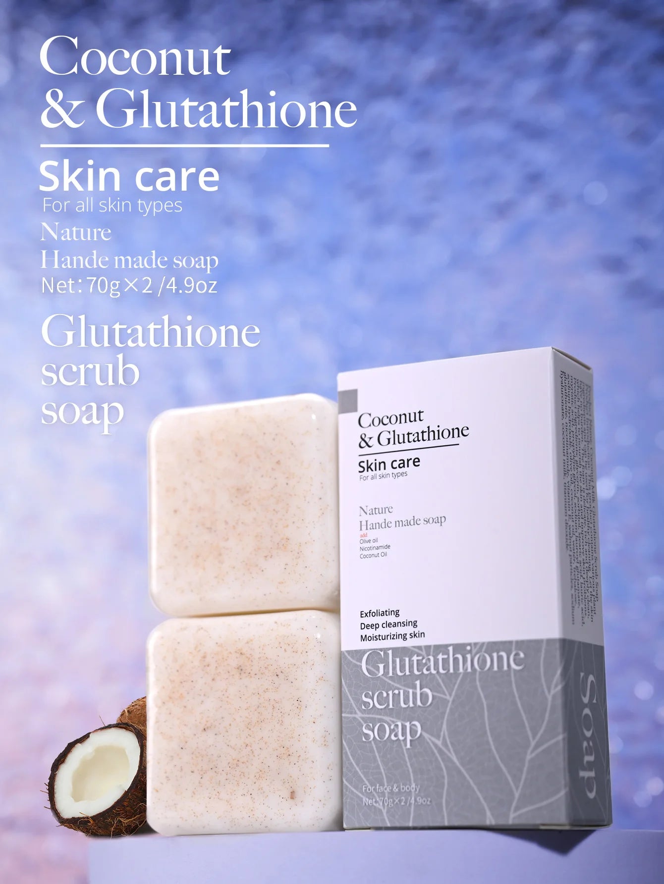 140G scrub coconut essence bath soap, olive oil and shea butter are added to moisturize the skin