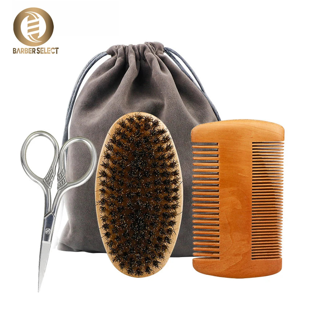 Boar Bristle Wood Beard Brush Kits With Gift Bag Professional Soft Hairdresser Shaving Brush Comb Set Men Mustache Combs