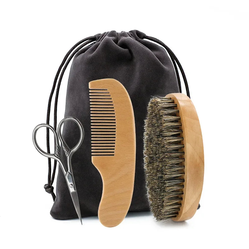 Boar Bristle Wood Beard Brush Kits With Gift Bag Professional Soft Hairdresser Shaving Brush Comb Set Men Mustache Combs