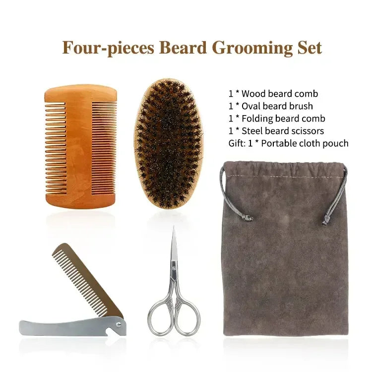 Boar Bristle Wood Beard Brush Kits With Gift Bag Professional Soft Hairdresser Shaving Brush Comb Set Men Mustache Combs