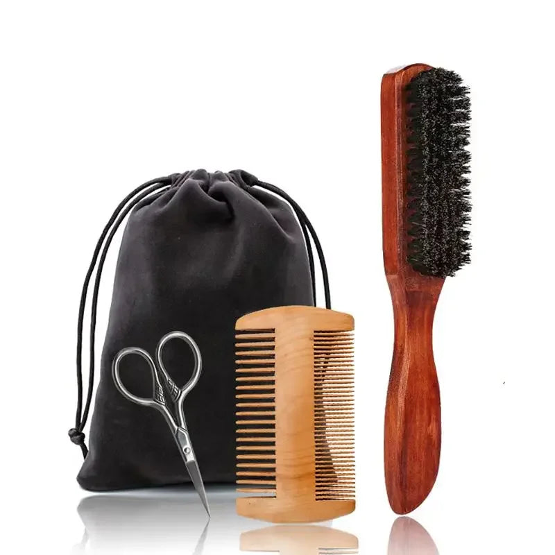 Boar Bristle Wood Beard Brush Kits With Gift Bag Professional Soft Hairdresser Shaving Brush Comb Set Men Mustache Combs