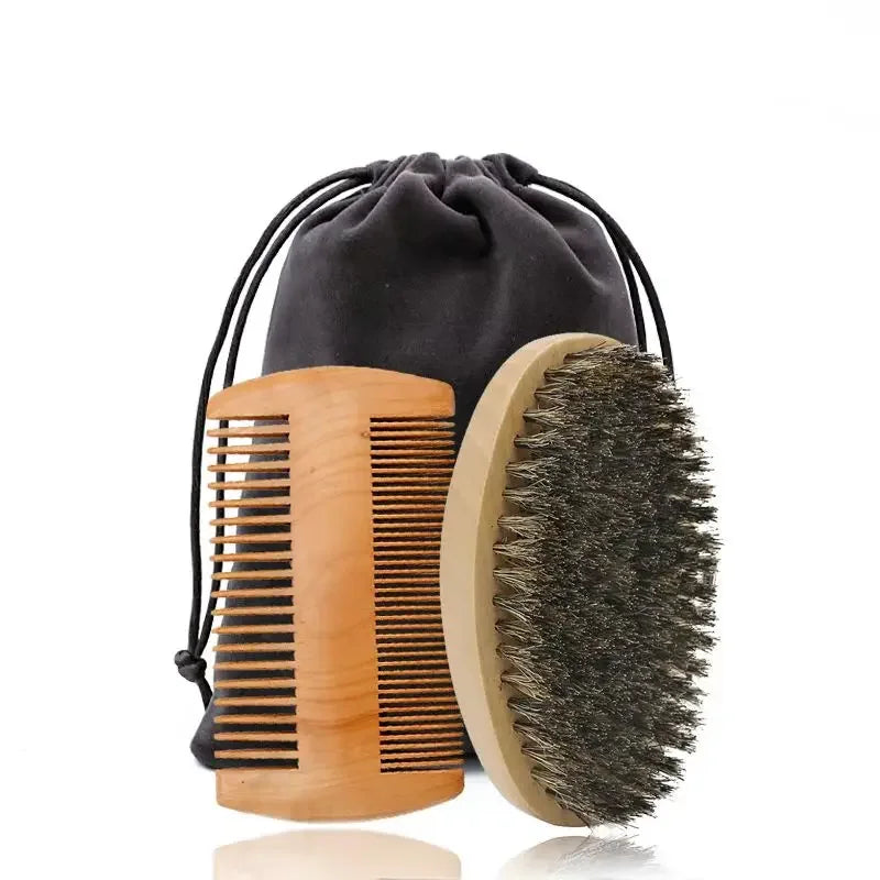 Boar Bristle Wood Beard Brush Kits With Gift Bag Professional Soft Hairdresser Shaving Brush Comb Set Men Mustache Combs