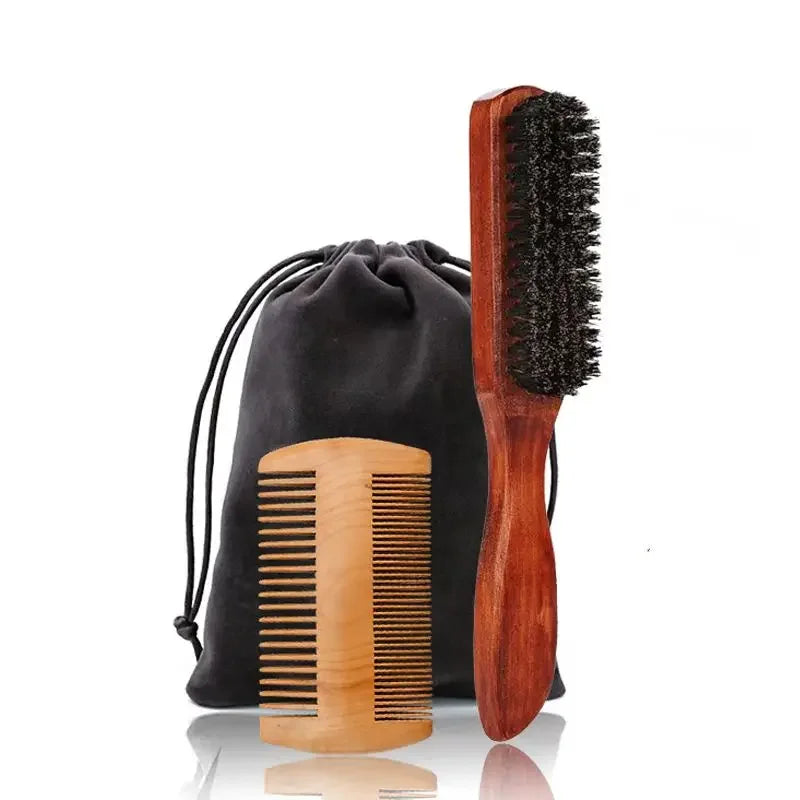 Boar Bristle Wood Beard Brush Kits With Gift Bag Professional Soft Hairdresser Shaving Brush Comb Set Men Mustache Combs