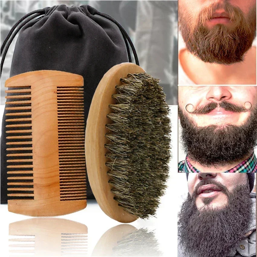 Boar Bristle Wood Beard Brush Kits With Gift Bag Professional Soft Hairdresser Shaving Brush Comb Set Men Mustache Combs