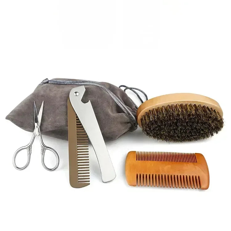 Boar Bristle Wood Beard Brush Kits With Gift Bag Professional Soft Hairdresser Shaving Brush Comb Set Men Mustache Combs