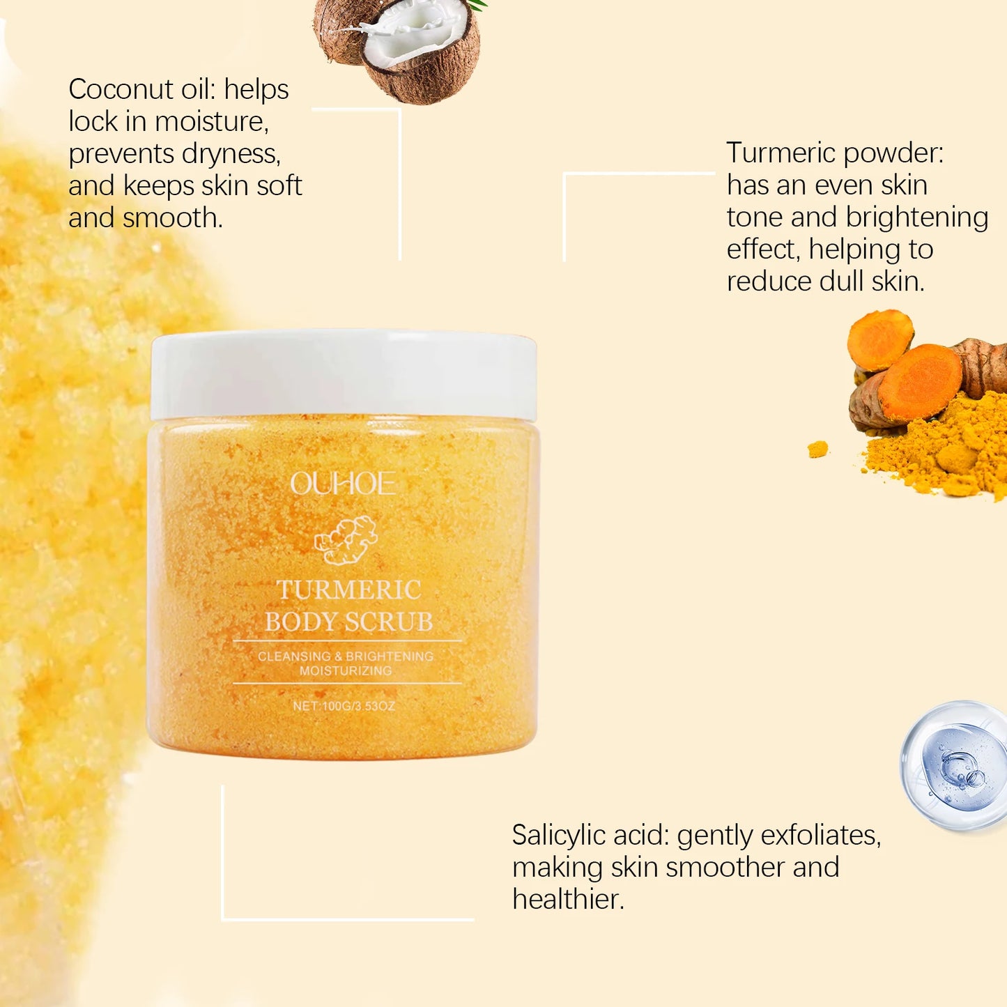 Turmeric Body Scrub Gentle Exfoliating Remove Dead Skin Moisturizing Rejuvenating Brightening Pore Cleaning Smooth Skin Care